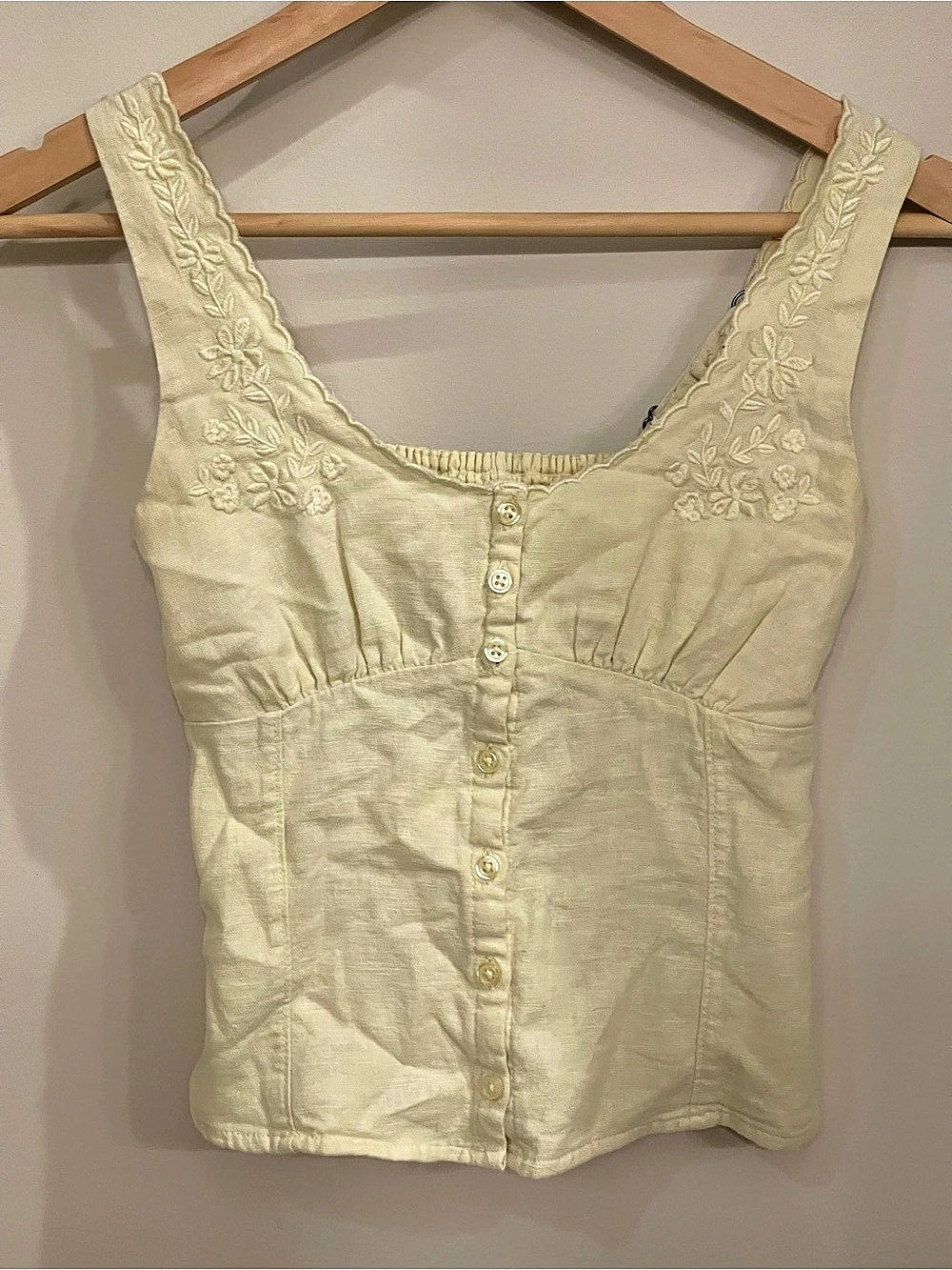 Hollister Linen Blend Button-through Top Embroidered Tank Yellow XXS